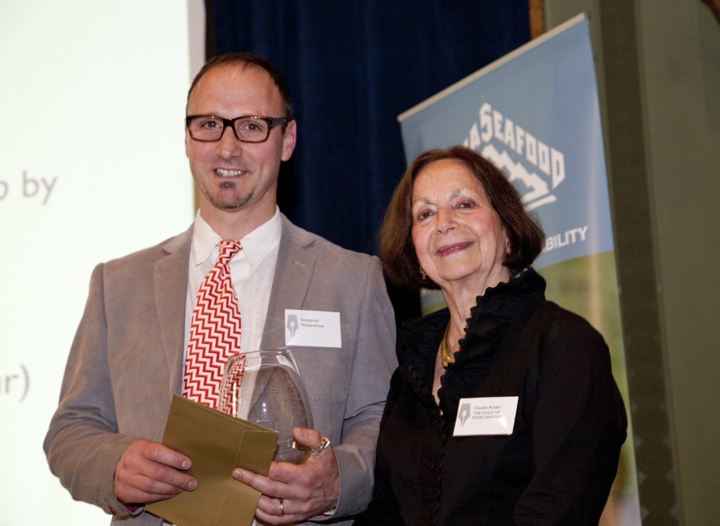 Claudia Roden presenting Emmanuel Hadjiandreou with the Jeremy Round Award for Best First Book